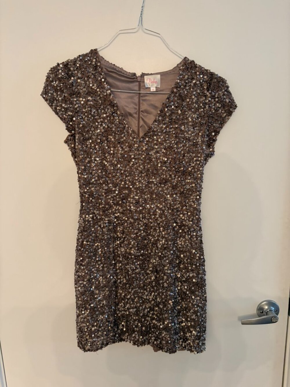 Parker Bronze Copper Sequin V Neck Cap Sleeve Mini Cocktail Dress Size XS